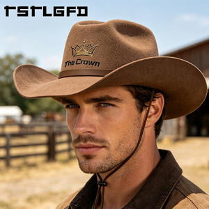 Chapeau de cowboy en feutre de laine marron avec logo personnalisé, vente en gros, chapeau western à large bord avec bande en cuir, fabricant - Product Image 4