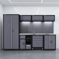 Système d'armoires de garage 8 pièces en direct d'usine avec armoire haute, coffres mobiles, établi en acier inoxydable et panneau perforé complet
