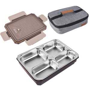 Plastic Lid Stainless Steel 4 Compartment <strong>Plates</strong> Canteen <strong>Plates</strong> Lunch Tray <strong>Tiffin</strong> Lunch Box Food Container - Product Image 2