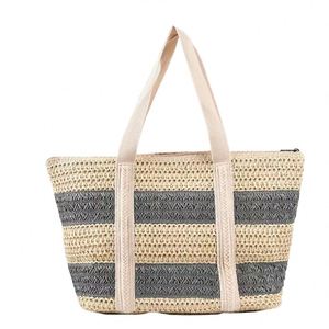 กระเป๋าถือสานลายทางสำหรับวันหยุดฤดูร้อนคุณภาพสูงแบบปรับแต่งได้  กระเป๋าสะพายข้างใบใหญ่สำหรับผู้หญิง  กระเป๋าชายหาดความจุเยอะ - Product Image 1