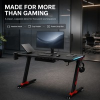 Table de jeu et bureau informatique AOR avec éclairage RGB, porte-gobelet, plateau pour écouteurs, surface en bois, noir – Expédition immédiate
