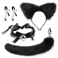 Ensemble de 4 pièces SM pour jeu de rôle et bondage, comprenant : Plug anal queue de renard mignonne, Serre-tête oreilles de chat, Collier à clochette et Pinces à tétons, style Catwoman