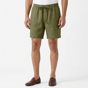 Pantalones cortos de algodón y lino con diseño impreso y bordado de logotipo personalizado OEM, cintura elástica con cordón, color sólido, transpirable, envío DDP - Product Image 1