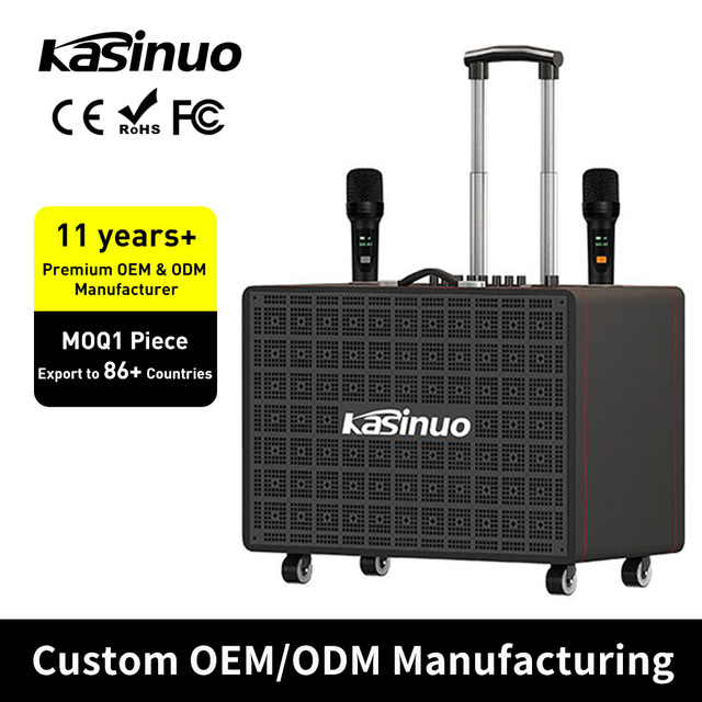 Portable High Power BT Speaker 9000mAh Telescopic Handle Wheels Solid Wood Leather UHF Mic DSP TWS One Tap Vocal Removal Karaoke