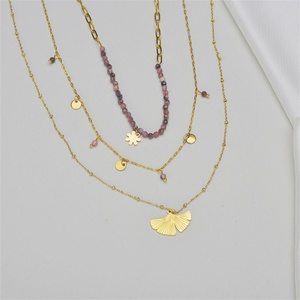 Triple Layer Clavicle Chain Necklaces Stainless Steel Rice Bead Ginkgo Leaf Natural Stone Jewelry Tags Pendant <b>Choker</b> Necklace - Product Image 5