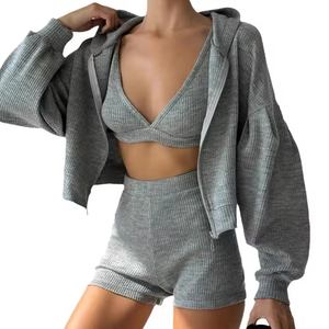 Conjunto de 3 piezas de punto sexy para mujer, ideal para el verano: <span class=keywords><strong>blazer</strong></span> midi con lazo en el cuello, top corto y shorts deportivos casuales con capucha. ¡Gran oferta! - Product Image 1