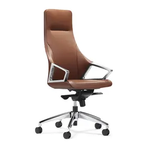 Silla de oficina ejecutiva de cuero pu, espalda alta, ergonómica, marrón