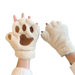 Bear Paw Plush <b>Gloves</b> Women Winter Fleece Lined Thickened Warm Cycling <b>Fingerless</b> Trendy - Product Image 5