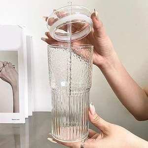 Alta borosilicato verticale a strisce di vetro trasparente tazza per bere con disegno e coperchio di vetro - Product Image 4