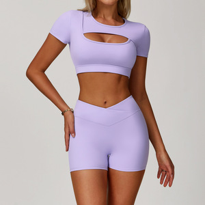 <span class=keywords><strong>HM</strong></span> 2025 Ensemble de yoga 5 pièces grande taille, uni, dos nu, en tricot sans couture Spandex/Nylon, taille haute, séchage rapide, respirant, manches longues - Product Image 6
