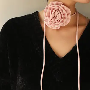 Hot Selling Accessories Elegant Floral Fabric Rose Choker Necklace Vintage Chiffon Fabric Flower Choker for Women
