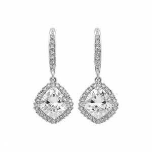 Boucles d'oreilles classiques plaquées rhodium avec cristal de zircon taille princesse, design géométrique, pour femmes, bijoux de mariage - Product Image 1