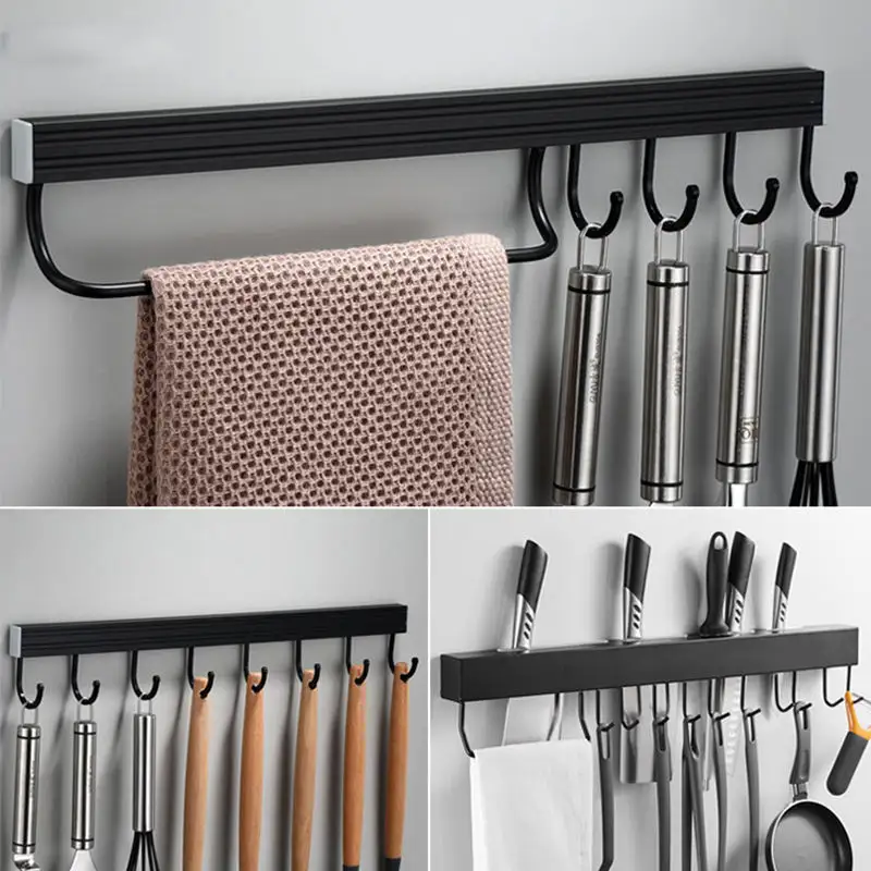 Wall Mounted Kitchen Black Utensil Storage Hook Knives Towel Rack Rail Organizer