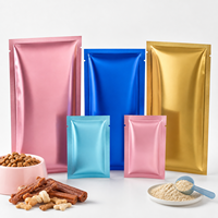 Pochettes plates métallisées brillantes personnalisées à trois soudures latérales pour l'emballage de friandises et de compléments alimentaires pour animaux de compagnie