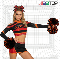 Tenues de cheerleading de luxe orange et noires, uniforme de cheerleading à col montant avec bordure métallique et broderie flamme au dos pour les spectacles sur scène