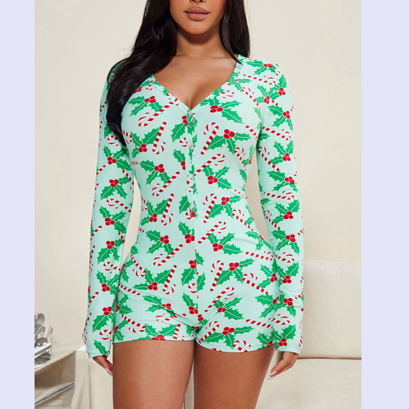 Women's Christmas Snowflake Print Romper - Long Sleeve One-Piece Pajamas, V-Neck Shorts Jumpsuit For Holiday