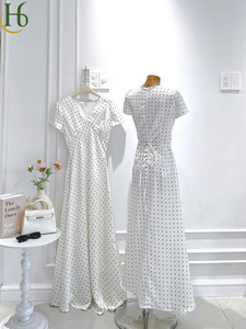 Vestido Maxi Casual con Cuello en V y Estampado de Puntos Blancos, Vestido de Fiesta con Escote Cruzado y Estampado de Puntos Vietnamita, Tela de Chifón Suave - Product Image 5