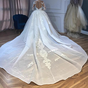 Robes de mariée sirène personnalisées avec traîne détachable, appliques de dentelle de luxe, col transparent orné de cristaux, robe de mariée arabe à manches longues - Product Image 2