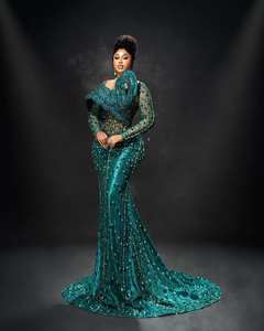 Kunden spezifische grüne zarte lange Ärmel Meerjungfrau Abendkleider für nigerian ische Mädchen Brautjungfer Ballkleider Hochzeits feier Kleid - Product Image 2