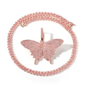 Collier papillon rose personnalisé pour femmes, <span class=keywords><strong>pendentif</strong></span> de grande taille avec chaîne cubaine Bling pour rappeur, bijoux - Product Image 6
