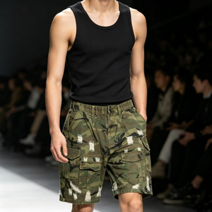 Shorts cargo camouflage pour homme, taille mi-haute, en toile déchirée, style workwear, respirant, 100% coton, fermeture boutonnée - Product Image 1