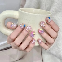 Faux ongles à presser faits main, couvrants, réutilisables, style français, avec motifs floraux, en acrylique, magnétiques, strass, forme ballerine