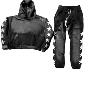 ชุดวอร์มผู้ชายแบบมีฮู้ด แขนยาวทรงหลวม ไหล่ตก ผ้าฝ้าย 100% กางเกงวอร์มไซส์ใหญ่ ล้างสีแบบ Acid Wash - Product Image 5