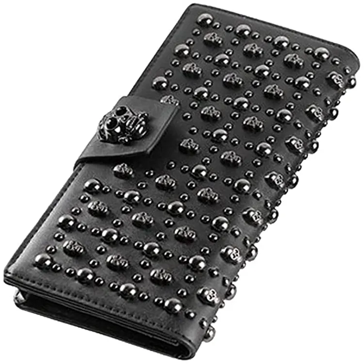 2021 Leather Purse Card Holder Phone Wallets With Zipper Wrist Wallet Black Long Skull Studded Purses Wallet