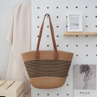 Style campagnard français coton corde tissé grande capacité femmes sac à bandoulière rayé plage panier bord de mer fourre-tout deux poignées ouvertes