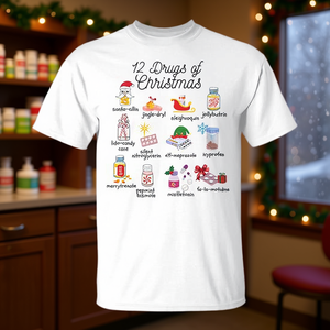 Camiseta con 12 medicamentos navideños para enfermeras, farmacéuticos y técnicos de farmacia - Product Image 3