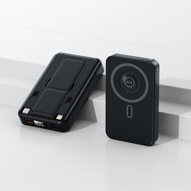 15W Wireless Ultra Thin 10000Mah Fast Charging Magnetic 3 in 1 Magnet Power Bank With Built-In Cable and Stand