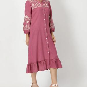 ชุดเดรสผ้าฝ้ายลินินทรงเอ สไตล์ลำลอง คอโอ แขนยาว ติดกระดุม ความยาวปานกลาง สำหรับฤดูร้อน ผู้หญิง  ปรับแต่งได้ตามต้องการ - Product Image 3