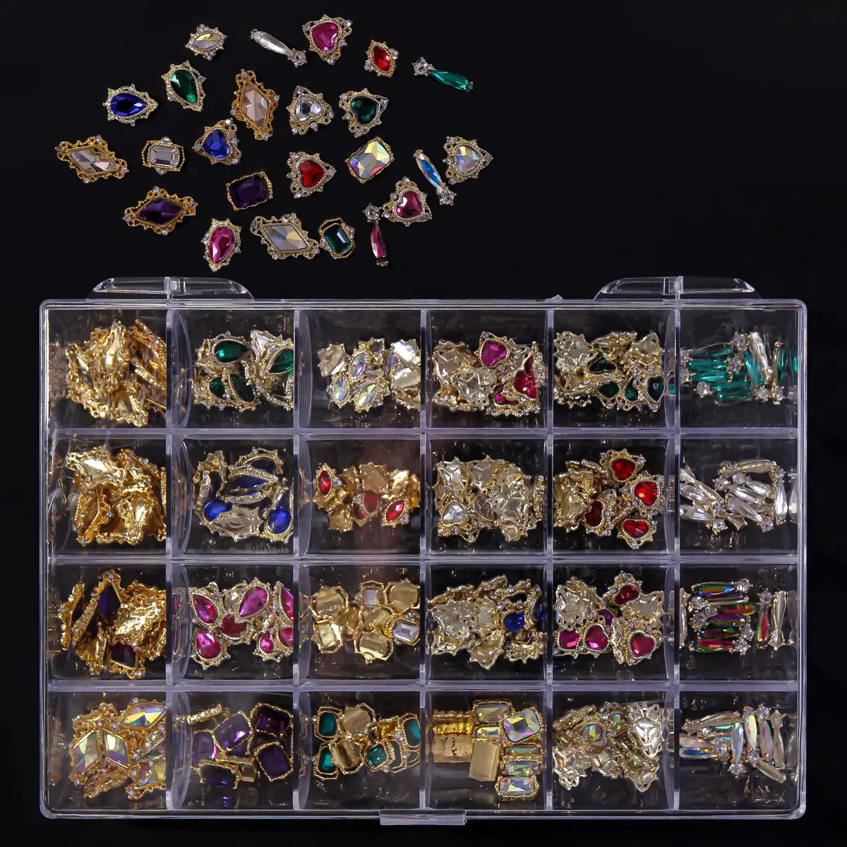 Caja Mixta de 24 rejillas, accesorios para nail art, adornos nail art, adornos de diamantes