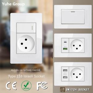 Panel de vidrio templado de cuatro colores, estándar israelí, con interruptor de lámpara de pared de carga rápida USB tipo C, módulo de teléfono y TV satelital. - Product Image 2