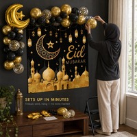 Kit d'arche de ballons Eid Mubarak en feuille chromée noir et or, 94 pièces, avec confettis, étoiles et croissants, et toile de fond – Vente en gros