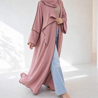 Abaya légère et respirante à effet froissé, ouverte sur le devant avec bordure passepoilée pour femmes musulmanes, grande taille, robe de prière hijab, vente en gros