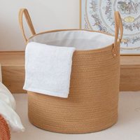 Panier de rangement rond en corde de coton tressé à la main avec poignées, 16 po de long x 16 po de large x 14 po de haut, capacité de 60-80 L