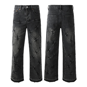 Jeans droits de haute qualité pour hommes, denim effiloché, personnalisés, streetwear vintage, noir délavé, imprimé hiver automne - Product Image 2