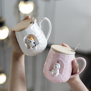 Tasse en céramique créative 3D avec couvercle et cuillère, motif animal de dessin animé (Panda, Chien Shiba), mignonne, pour le petit-déjeuner des enfants, tasses à thé et soucoupes - Product Image 2