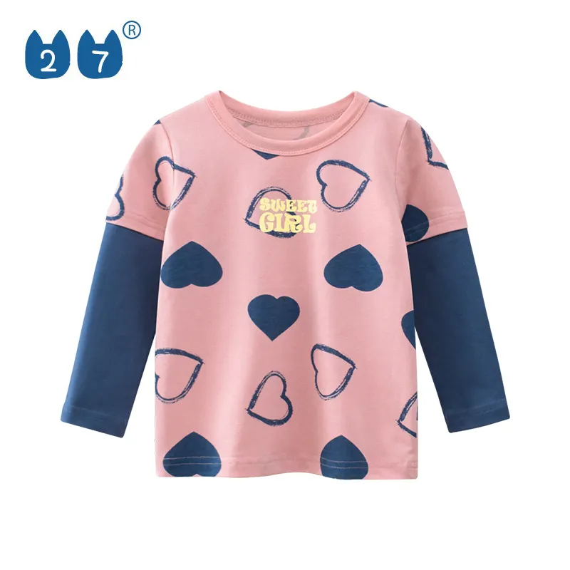 Wholesale Designs 100% Cotton Autumn Kid Pink Casual Long Sleeve Girls Printed T Shirts