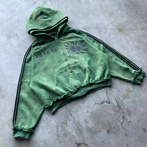 Personnalisé Vintage Sun Fade Zip up Sweats Acid Wash Double Couche À Capuche Deux Pièces Ensemble Détresse Jogging Costume Stripe Survêtement - Product Image 2