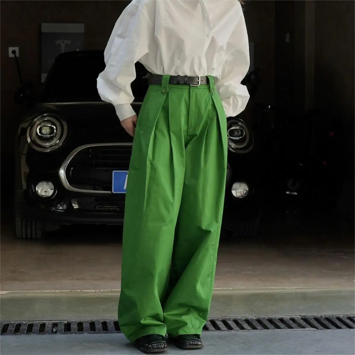 Zomer Groene Kleur Katoenen Stof Pendelen Hoge Taille Geplooide Wijde Pijpen Broek Voor Vrouwen