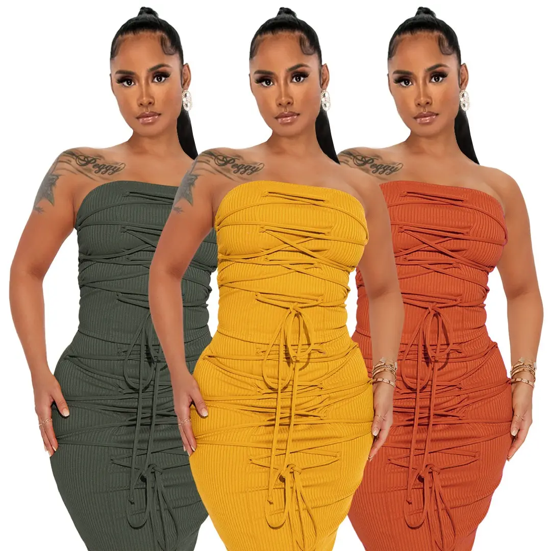 BOBOYU women sexy rib knit tube top dress slim lace up bandage bodycon midi dress with rope casual summer dresses 2023 clothes