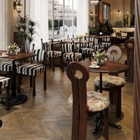 Ensemble de table et chaises de salle à manger en bois massif de style rétro français du milieu du siècle, écologique et durable pour la restauration