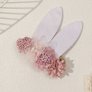 Diadema Infantil Unisex de Tela con Orejas de Conejo de Pascua, Diseño de Flores en Mosaico, Decoración para la Cabeza para Fiestas - Product Image 4