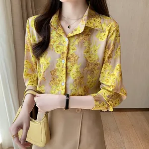 Yellow Floral Chiffon Shirt Women's Spring Summer New Korean Blouse Loose Tops Shirts Blusas Mujer 3065#