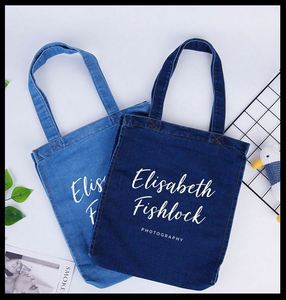 Sac à main personnalisé pour femme, tendance, en jean et toile, imprimé lettres, sac de shopping en gros - Product Image 5