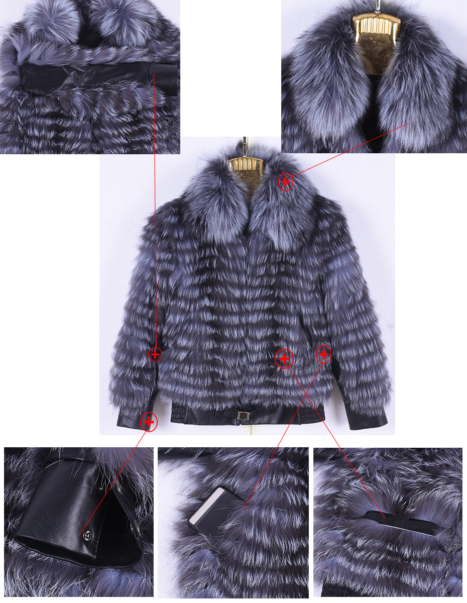 MWFur Fashion Winter Casual Outwear Silver Fox Hair Collar  Jacket For Women Natural Silver Fox Fur Coat