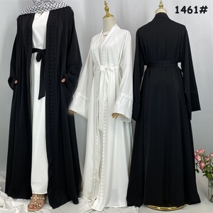 Nouvelle arrivée 2025, élégante abaya ouverte en Nida avec dentelle florale assortie et poches, couleur unie noir et blanc pour femmes musulmanes 1461 # - Product Image 3