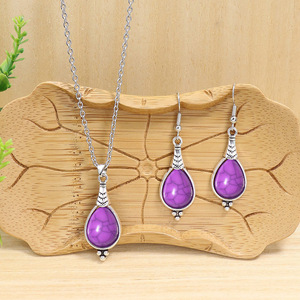 Ensemble de bijoux bohèmes pour femmes, collier et boucles d'oreilles en forme de goutte d'eau, alliage plaqué argent antique, ensemble tendance - Product Image 3